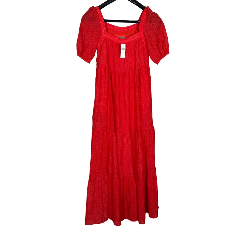 Anthropologie Red Tiered Maxi Dress Puff Sleeve Smocked Square Neck XXS $170 NEW